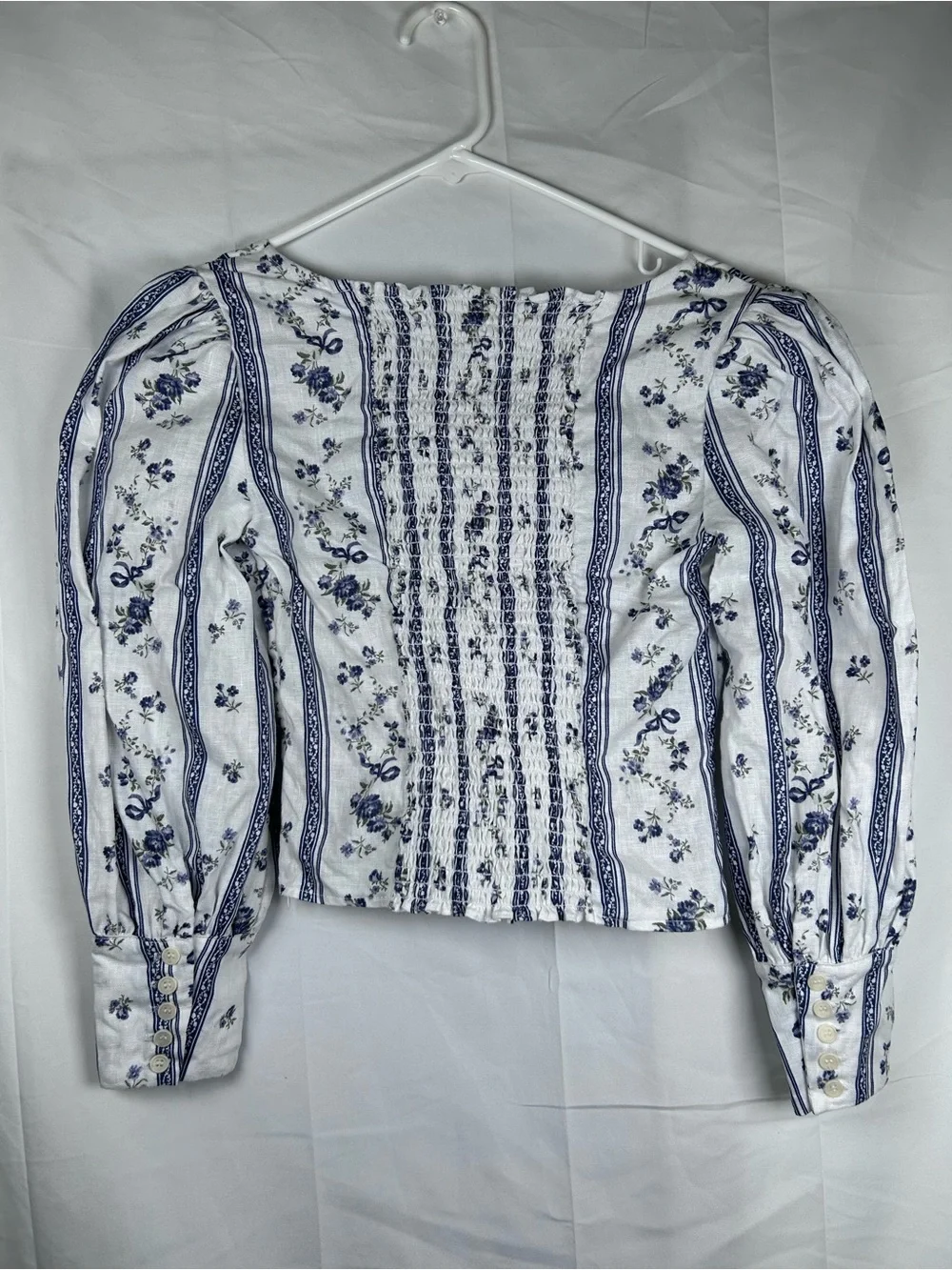 Reformation Floral Linen Crop Top Women’s Size 0 White Blue Sustainable